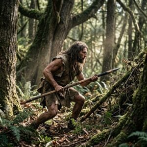 Primitive man crouching and holding a spear in a dense forest