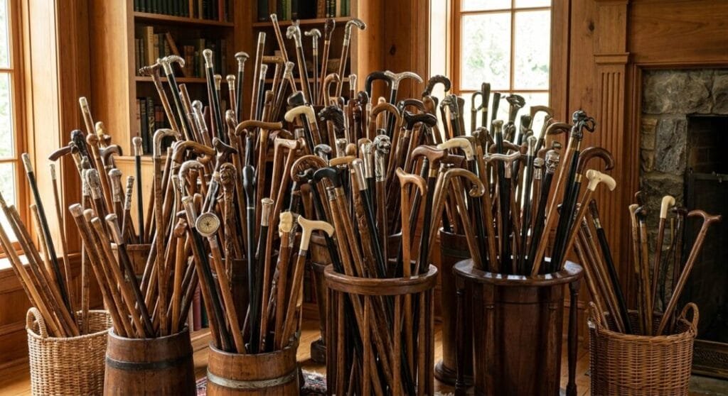 Multiple antique walking sticks with ornate handles organized in wooden barrels and wicker baskets indoors